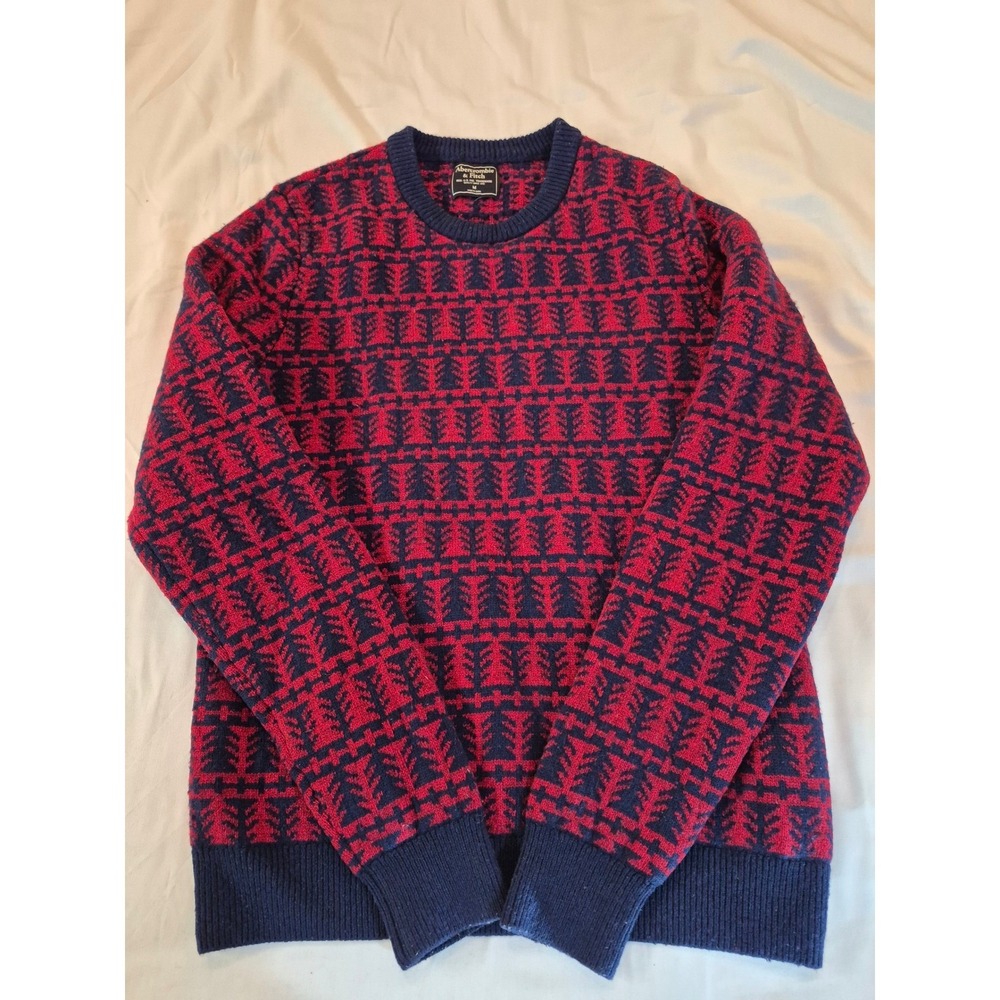 Vintage Abercrombie & Fitch Mens Navy Blue Red Fair Isle Tree Pattern Sweater M - Picture 7 of 9
